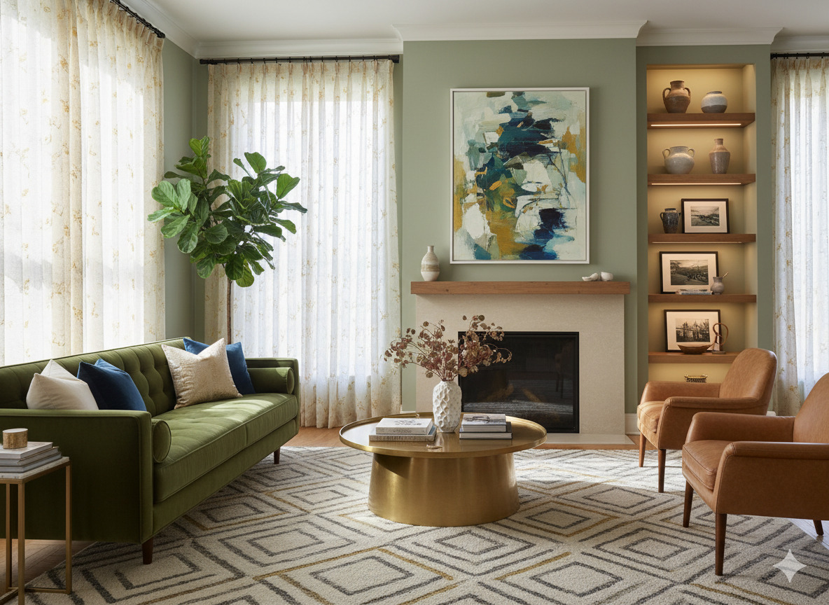 Living room with custom curtains